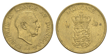 Дания 1 крона 1948 N, Фредерик IX (1947-1972) KM 837 алюминиевая бронза 4638-717