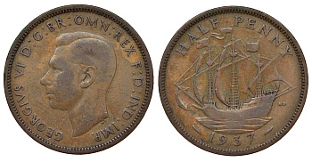 Великобритания 1/2 пенни 1937 Георг VI (1936-1952) KM 844, Spink 4115 бронза 62-654