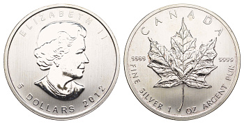 Канада 5 долларов 2012 Кленовый лист, Елизавета II KM 625 серебро BU 413-4621