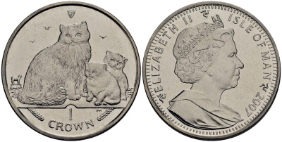 Остров Мэн 1 крона 2007 кошка рэгдолл с котятами КМ 1307.1 медно-никель UNC 118-314