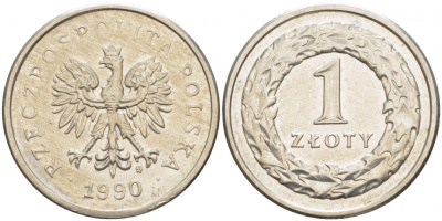 ПОЛЬША 1 ЗЛОТЫЙ 1990 MW KM 282 медно-никель 4523-521