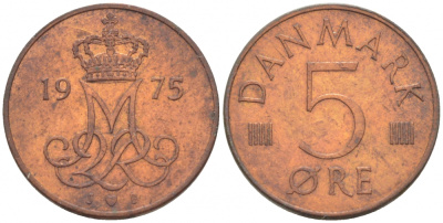 Дания 5 эре 1975 S; B, Маргрете II (1972- ) KM 859.1 железо плакированное медью 3718-346