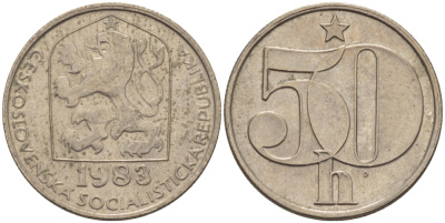 ЧЕХОСЛОВАКИЯ 50 ГЕЛЛЕРОВ 1983 СОЦИАЛИСТИЧЕСКАЯ РЕСПУБЛИКА KM 89 медно-никель 4384-1152