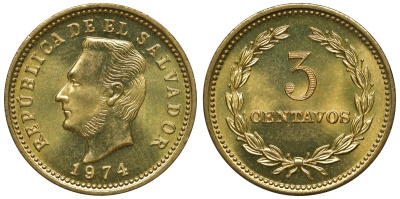 Сальвадор 3 сентаво 1974 год тип, Франсиско Морасан KM 148 никель латунь UNC M55-03