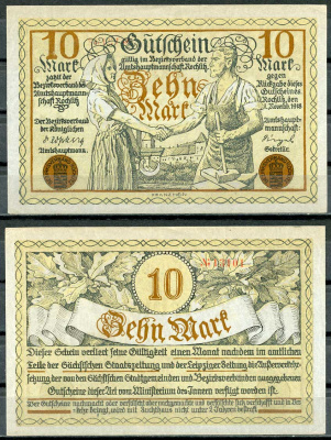 Германия, Рохлиц 10 марок 1918 нотгельд, 1.11.1918, союз крестьян и рабочих Geiger 451.03  бумага  UNC (пресс) 444-90-1-2