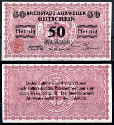 Арвайлер (Пруссия, Рейн) 50 пфеннигов 1918 Mehl Grabowski A3.2b бумага UNC (пресс) 7555-60-4-2