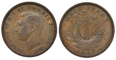 Великобритания 1/2 пенни 1937 Георг VI (1936-1952) KM 844, Spink 4115 бронза 62-654