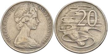 Австралия 20 центов 1966 Елизавета II (1952-2022), утконос KM 66 медно-никель 4382-443