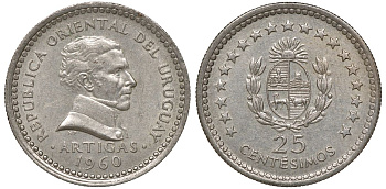 Уругвай 25 сентесимо 1960 KM 40 медно-никель 4169-828