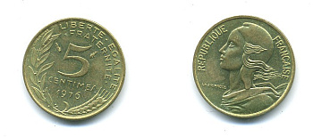 ФРАНЦИЯ 5 САНТИМОВ 1976 ТИП MARIANNE KM 933, LE FRANC 125.12 алюминиевая бронза 84-1538
