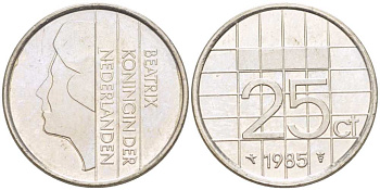 НИДЕРЛАНДЫ 25 ЦЕНТОВ 1985 БЕАТРИКС KM 204 никель 3309-357