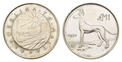 Мальта 1 лира 1977 Мальтийская охотничья (Фараонова) собака KM 45 серебро BU 1528-1422