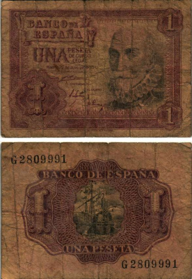 Испания 1 песета 1953 22 июля 1953, Мигель де Санта Круз Pick 144а бумага 6293-11-1-2