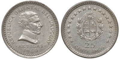 Уругвай 25 сентесимо 1960 KM 40 медно-никель 4169-828