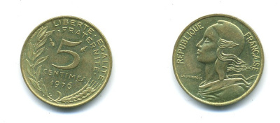 ФРАНЦИЯ 5 САНТИМОВ 1976 ТИП MARIANNE KM 933, LE FRANC 125.12 алюминиевая бронза 84-1538