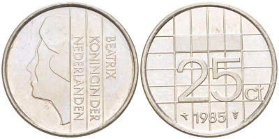 НИДЕРЛАНДЫ 25 ЦЕНТОВ 1985 БЕАТРИКС KM 204 никель 3309-357