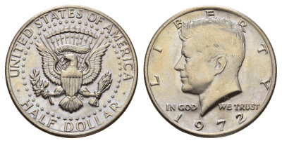 США 1/2 доллара (50 центов) 1972 Джон Кеннеди KM 202b медь плакированная медно-никелем UNC 4672-526