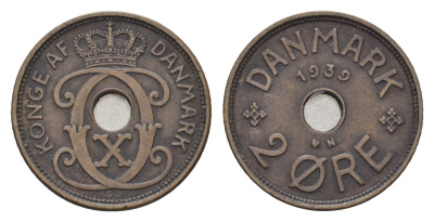 Дания 2 эре 1939 N, Кристиан X (1912-1947) KM 827 бронза 4701-912