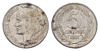 Испания 5 сентимо 1937 Вторая Республика KM 752 железо 4682-834