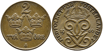 Швеция 2 эре 1940 Густав V (1907-1950) KM 778 бронза 4382-1022