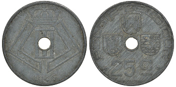 Бельгия 25 сантимов 1946 Belgie-Belgique KM 132 цинк 4163-641