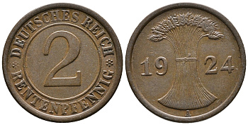 ГЕРМАНИЯ 2 РЕНТЕНПФЕННИГА 1924 A KM 31, J. 307 бронза 24-541