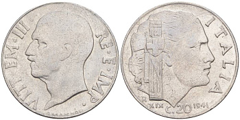 ИТАЛИЯ 20 ЧЕНТЕЗИМО 1941 R, ГОД XIX, ВИКТОР ЭММАНУИЛ III (1900-1946) KM 75b, VEM3. 1028 нержавеющая сталь 3853-1111