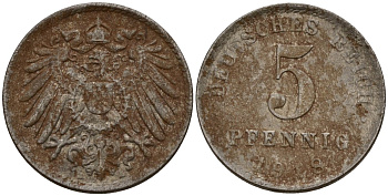 Германия 5 пфеннигов 1918 A KM 19, J. 297 железо плакированная цинком 4189-833