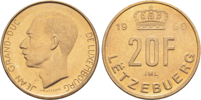 Люксембург 20 франков 1990 Великий герцог Жан (1964-2000), тираж 10.000 экземпляров KM 67 алюминиевая бронза  BU  4634-213
