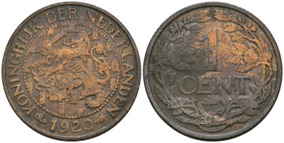 Нидерланды 1 цент 1920 Вильгельмина (1890-1948) KM 152 бронза 4576-1045