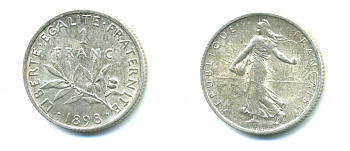 ФРАНЦИЯ 1 ФРАНК 1898 СЕЯТЕЛЬ KM 844.1, LE FRANC 217.1 серебро 4385-1021