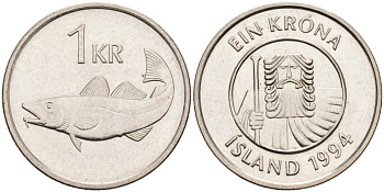 Исландия 1 крона 1994 треска KM 27а сталь плакированная никелем 4591-517