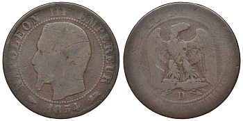 Франция 5 сантимов 1854 D, Наполеон III (1852-1870) KM 777.4, Le Franc 116.12 бронза 4121-1253