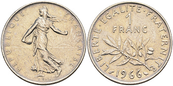 Франция 1 франк 1966 сеятель KM 925.1 никель    4177-245