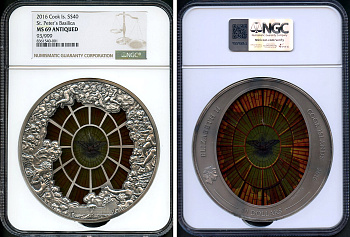 Острова Кука 40 долларов 2016 витраж Базилики Святого Петра, 10 унций, в слабе NGC MS 69 ANTIQUED, № 93/999  серебро  UNC  3-4-3-04