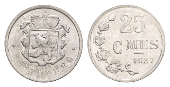 Люксембург 25 сантимов 1967 Герцог Жан (1964-1999) KM 45a алюминий 4643-524
