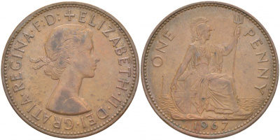 Великобритания 1 пенни 1967 Елизавета II (1952-2022) KM 897, Spink 4157 бронза 215-344