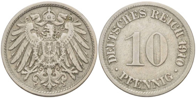Германия 10 пфеннигов 1910 F KM 12, Jager 13, Weege 8 медно-никель 219-211