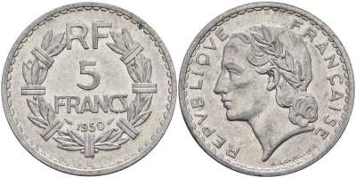Франция 5 франков 1950 B, тип Лаврилье KM 888b.2, LE FRANC 339.19 алюминий 4565-241