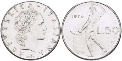 Италия 50 лир 1976 R, бог Вулкан у наковальни KM 95.1 нержавеющая сталь 3718-427