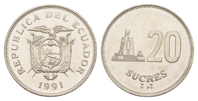 Эквадор 20 сукре 1991 KM 94.2 сталь плакированная никелем UNC 4641-725