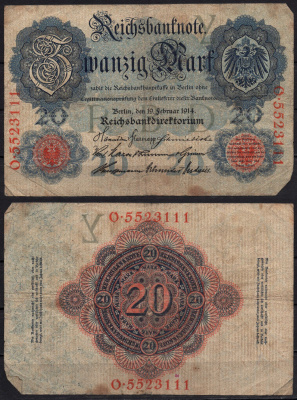 Германия 20 марок 1914 Pick 46b бумага 8592-45-2-1