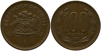 Чили 100 песо 2000 So KM 226.2, Schon 71 алюминиевая бронза 4388-336