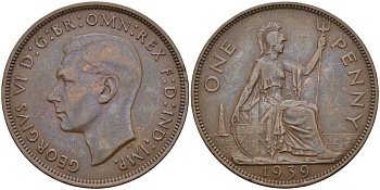 Великобритания 1 пенни 1939 Георг VI (1936-1952) KM 845, Spink 4114 бронза 4144-523
