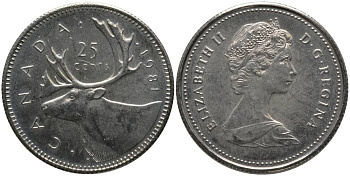 Канада 25 центов 1981 Елизавета II (1952-2022), олень KM 74 никель PROOFLIKE 181-326