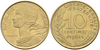 Франция 10 сантимов 1962 тип Марианна KM 929 медь алюминий никель    4594-1151