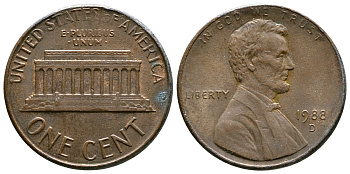 США 1 цент 1988 D, Линкольн KM 201b цинк плакированный медью    4608-422