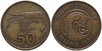 Исландия 50 эйре 1981 креветка KM 26 бронза 181-633