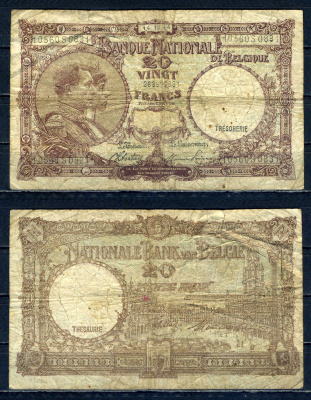 Бельгия 20 франков 1944 14.12.1944, Король Альберт I и его жена Королева Елизавета, Гран-Плас / Гроте Маркт, Брюссель Pick 111 (3) бумага 6301-10-2-2