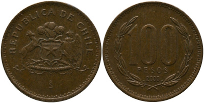 Чили 100 песо 2000 So KM 226.2, Schon 71 алюминиевая бронза 4388-336